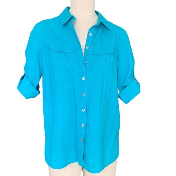 Emma James Linen-Cotton Blend Button Front Roll Tab Shirt M Turquoise 128E - Picture 2 of 9